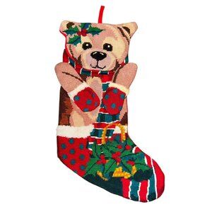Handmade Needlepoint Christmas Stocking Vintage 3D Bear Holly